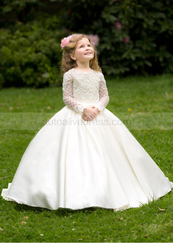 Beaded Ivory Lace Satin Floor Length Check Flower Girl Dress